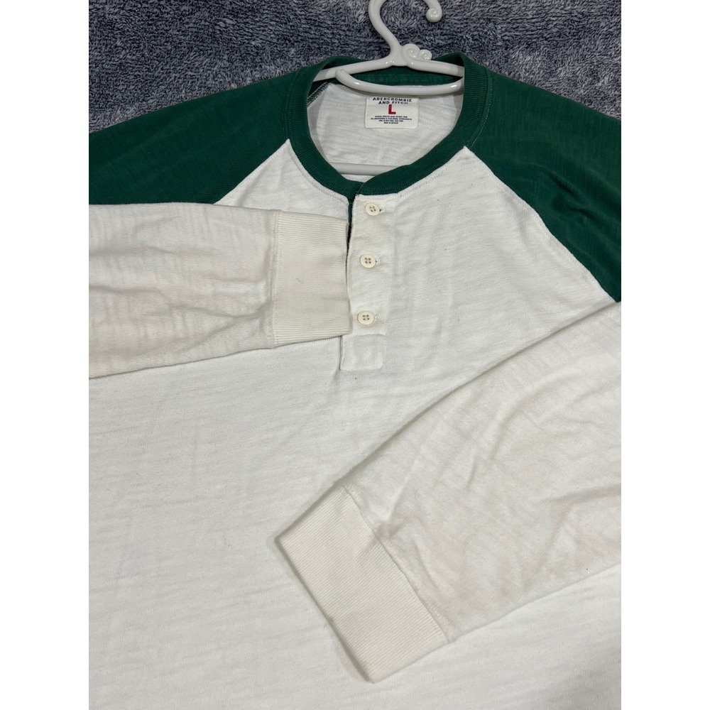 Abercrombie and Fitch Mens Henley Shirt Large Green White Raglan Baseball Slub